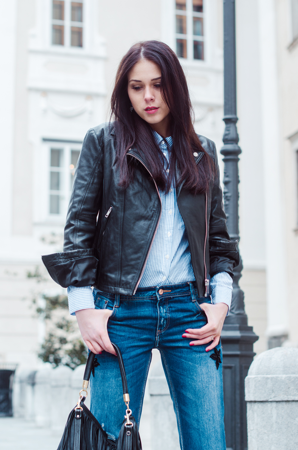 Eva Ahačevčič_Love, Eva_Diesel_leather jacket_Modni dodatki Bling bling_Crop pants_OOTD_Fringes_H&M 4